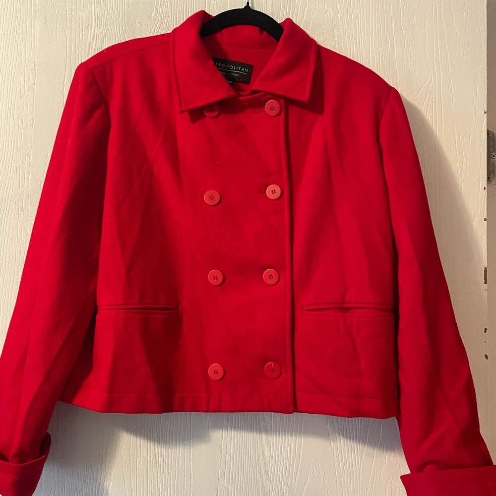 Vibrant Red Double-Breasted Pea Coat‎